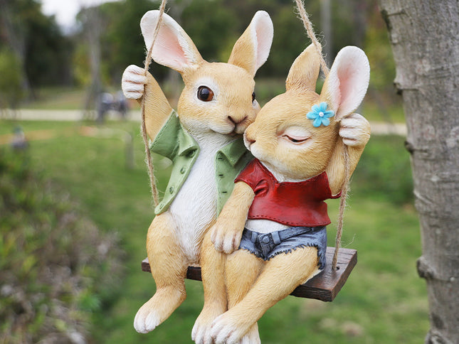 Cartoon Rabbit Couple Swing Garden Ornament - Charming Resin Decor