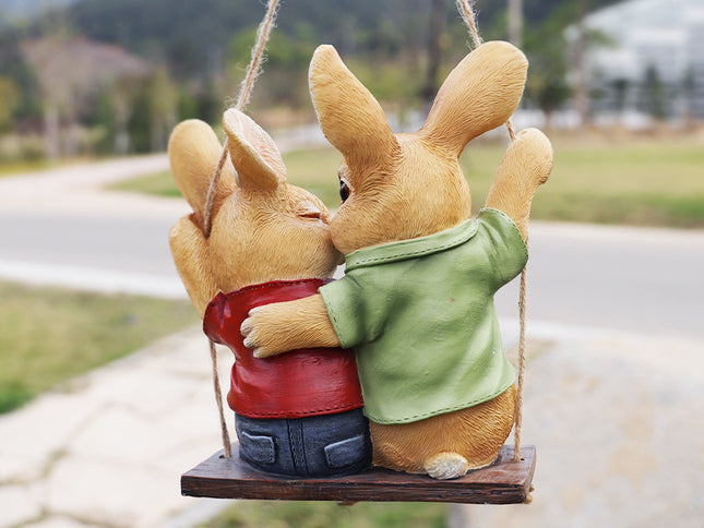 Cartoon Rabbit Couple Swing Garden Ornament - Charming Resin Decor