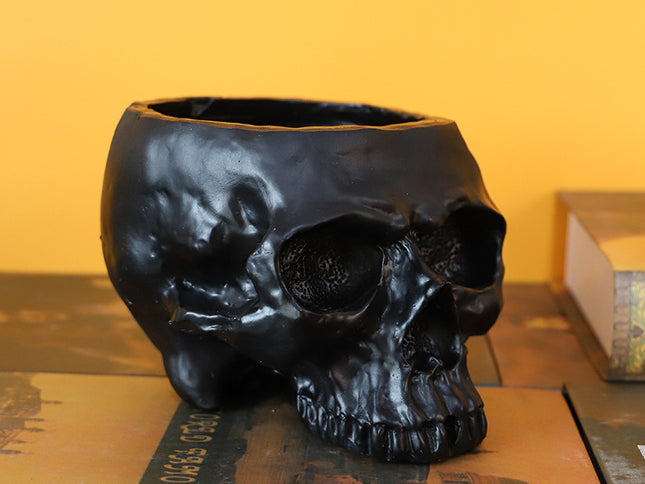 Black Halloween Skull Resin Desktop Ornament and Pen Holder - Spooky Decor