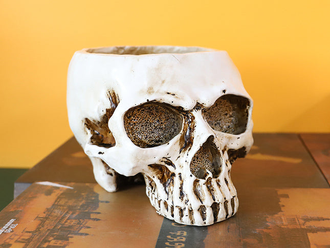 White Halloween Skull Resin Desktop Ornament and Pen Holder - Spooky Decor