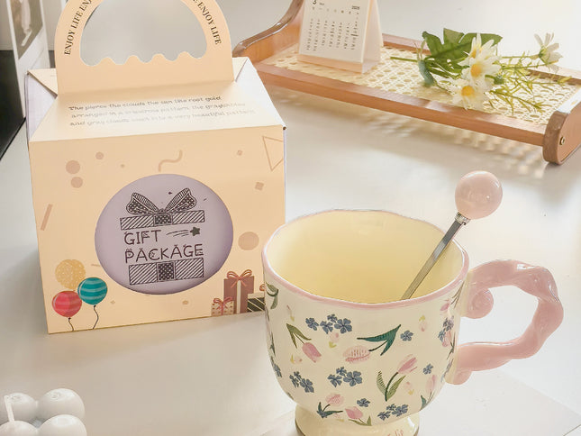 Elegant Ceramic Mug with Sculpted Handle,400ml Vintage Inspired Pedestal Design(Rose pink)