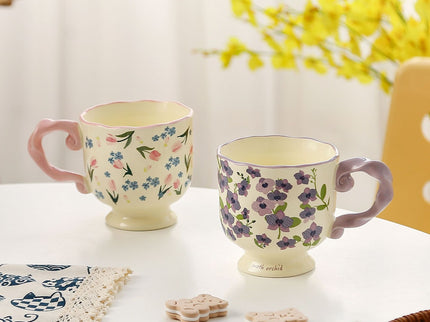 Elegant Ceramic Mug with Sculpted Handle,400ml Vintage Inspired Pedestal Design(Blue)