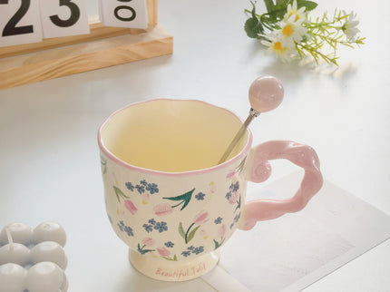 Elegant Ceramic Mug with Sculpted Handle,400ml Vintage Inspired Pedestal Design(Blue)