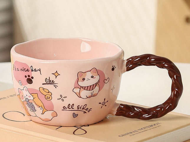Whimsical Cat & Friends Ceramic Mug - 320ml with Unique Twisted Handle (pink)