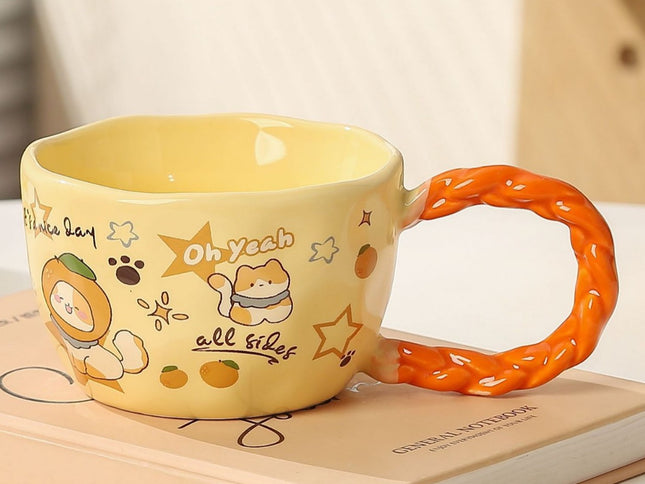 Whimsical Cat & Friends Ceramic Mug - 320ml with Unique Twisted Handle (Yellow)