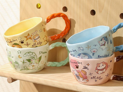 Whimsical Cat & Friends Ceramic Mug - 320ml with Unique Twisted Handle (Yellow)
