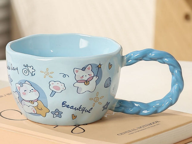 Whimsical Cat & Friends Ceramic Mug - 320ml with Unique Twisted Handle (Blue)