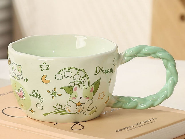 Whimsical Cat & Friends Ceramic Mug - 320ml with Unique Twisted Handle (Green)