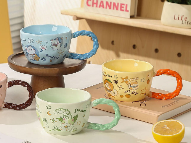 Whimsical Cat & Friends Ceramic Mug - 320ml with Unique Twisted Handle (Green)