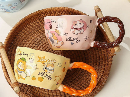 Whimsical Cat & Friends Ceramic Mug - 320ml with Unique Twisted Handle (Green)
