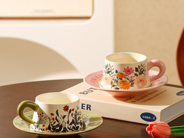 Vintage Floral Ceramic Coffee Cup & Saucer Set(White disc-green floral)