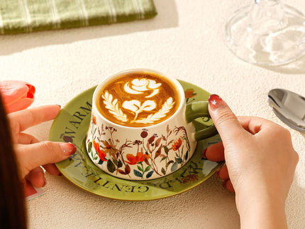 Vintage Floral Ceramic Coffee Cup & Saucer Set(White disc-green floral)
