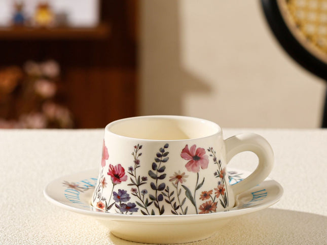 Vintage Floral Ceramic Coffee Cup & Saucer Set(White disc - pink flowers)