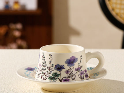 Vintage Floral Ceramic Coffee Cup & Saucer Set(White disc - purple flowers)