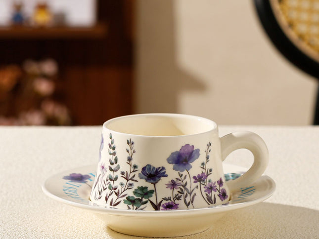 Vintage Floral Ceramic Coffee Cup & Saucer Set(White disc - purple flowers)