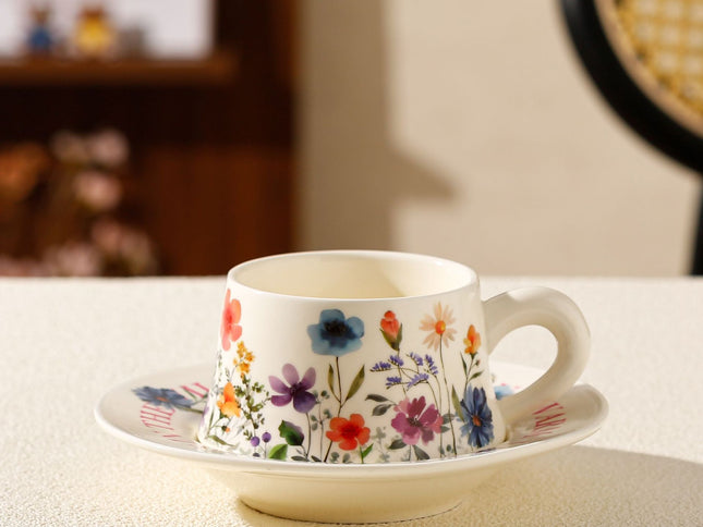 Vintage Floral Ceramic Coffee Cup & Saucer Set(White disc - colorful flowers)