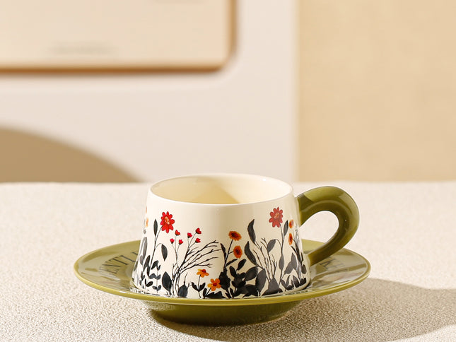 Vintage Floral Ceramic Coffee Cup & Saucer Set(Green disc - green sunflowers)