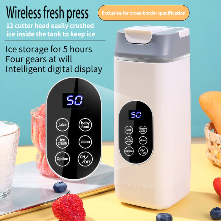 White Rechargeable Travel Blender Cup - 12 Blades, Digital Display, Self-Cleaning