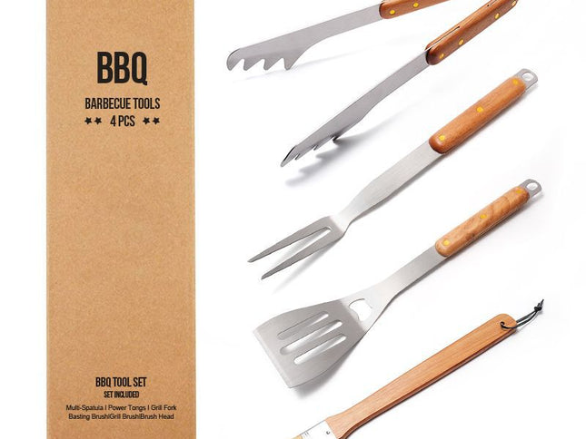 Premium 4-Piece BBQ Tool Set with Rubberwood Handles - Kraft Box
