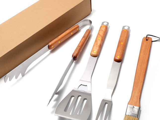 Premium 4-Piece BBQ Tool Set with Rubberwood Handles - Kraft Box