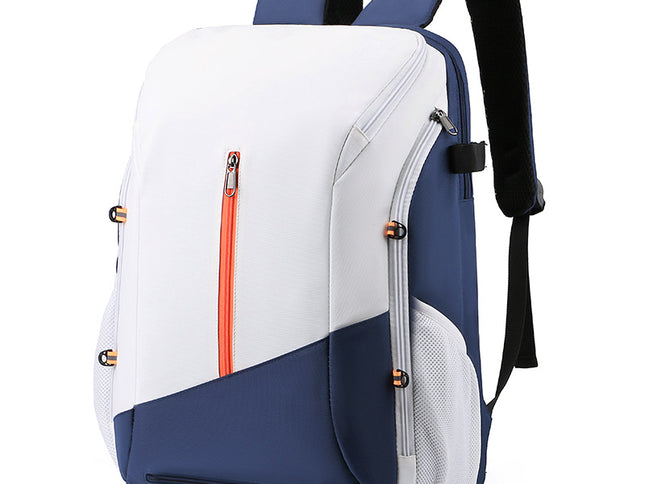 White and blue Multi-functional Sports Backpack for Men & Women - Waterproof Basketball, Badminton, Tennis & Soccer Bag with Shoe Compartment + Net