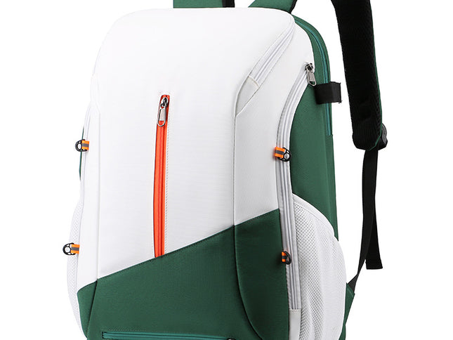 White and green Multi-functional Sports Backpack for Men & Women - Waterproof Basketball, Badminton, Tennis & Soccer Bag with Shoe Compartment + Net