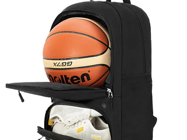 Black Sports Backpack with Separate Shoe & Ball Compartments - Waterproof Gym Bag for Basketball, Soccer, Travel & Daily Use