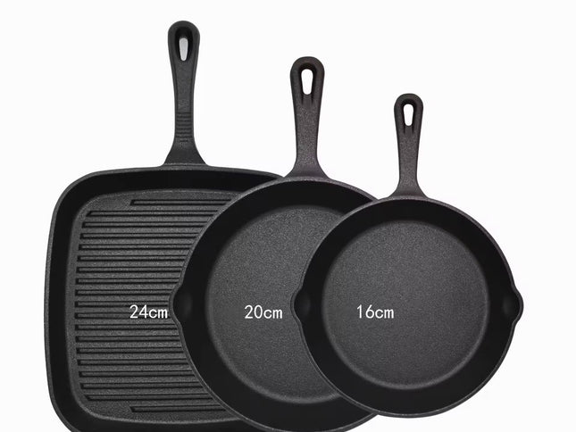 Three-piece set Heavy Duty Cast Iron Skillet & Grill Pan Thickened Vintage Style Cookware for Steak Breakfast & Camping