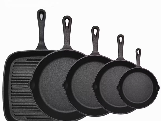 Five-piece set Heavy Duty Cast Iron Skillet & Grill Pan Thickened Vintage Style Cookware for Steak Breakfast & Camping