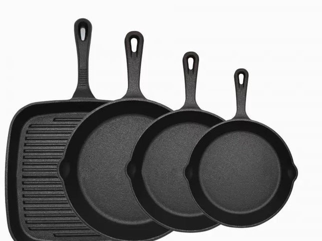 Four-piece set Heavy Duty Cast Iron Skillet & Grill Pan Thickened Vintage Style Cookware for Steak Breakfast & Camping