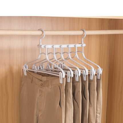 2-SET Space-Saving 6-in-1 Foldable Hanger Set Multi-Functional Closet Organizer Clothes Drying Rack with Pant Clips (White & White Clip Upgrade Edition) Ideal for Homes and Dorm Rooms
