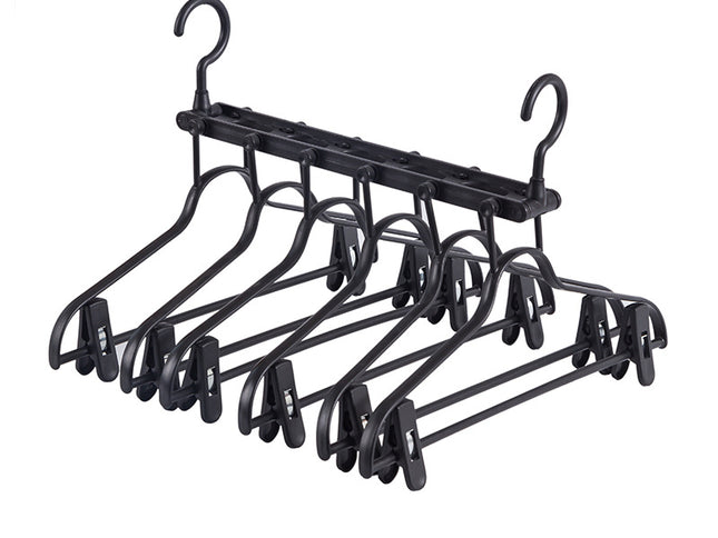 2-SET Space-Saving 6-in-1 Foldable Hanger Set Multi-Functional Closet Organizer Clothes Drying Rack with Pant Clips (Black & Black Clip Upgrade Edition) Ideal for Homes and Dorm Rooms
