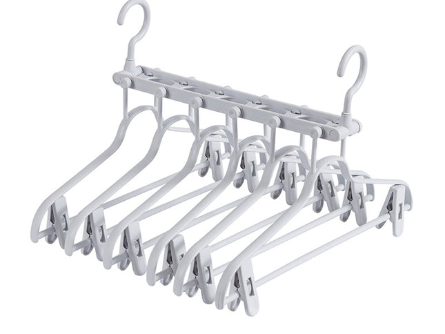 2-SET Space-Saving 6-in-1 Foldable Hanger Set Multi-Functional Closet Organizer Clothes Drying Rack with Pant Clips (Gray & Gray Clip Upgrade Edition) Ideal for Homes and Dorm Rooms
