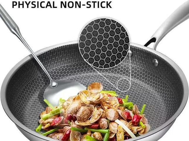 Stainless Steel Non-Stick Frying Pan 28CM Honeycomb Wok Skillet with Lid Induction Compatible Cookware Silver