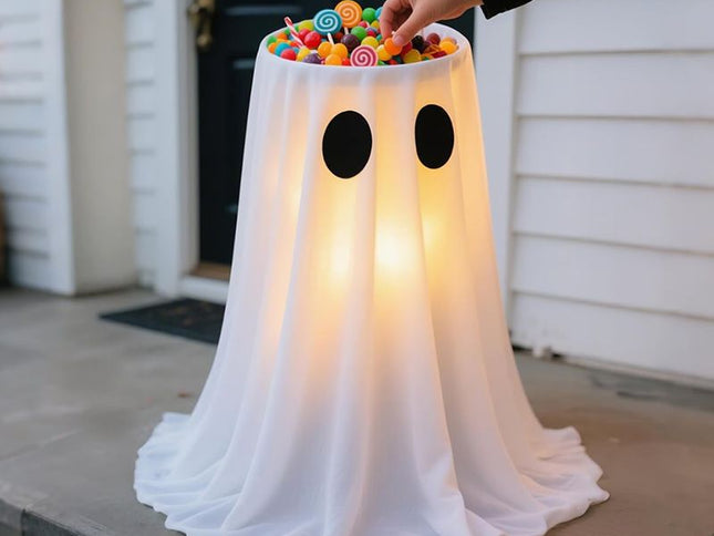 Halloween Ghost Candy Bowl Decoration with Water-Fill Base and Warm LED Battery Box Light