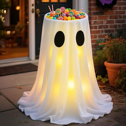 Halloween Ghost Candy Bowl Decoration with Water-Fill Base and Warm LED Battery Box Light