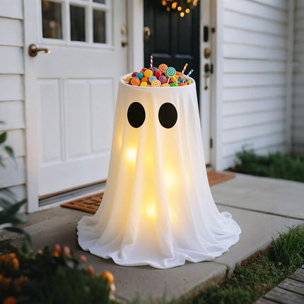 Halloween Ghost Candy Bowl Decoration with Water-Fill Base and Warm LED Battery Box Light