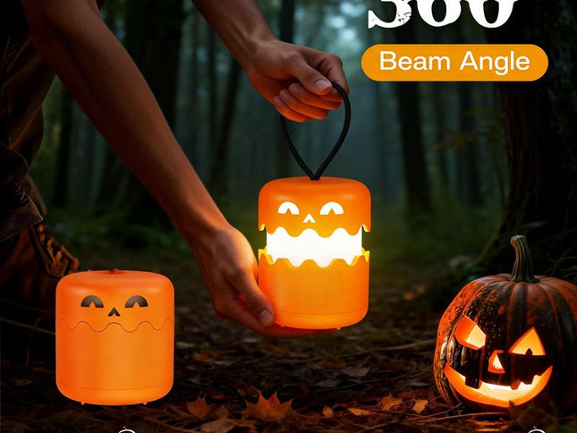 3PCS 360°Beam Hanging Pumpkin Lantern with Double-Sided Spooky Expressions and Telescopic Pull-to-Open Design, Portable Rechargeable Halloween Light, Dimmable Warm LED Party Decor