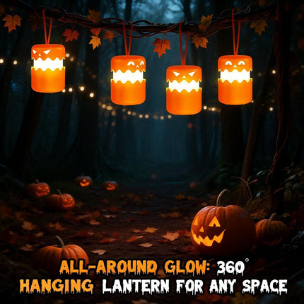 3PCS 360°Beam Hanging Pumpkin Lantern with Double-Sided Spooky Expressions and Telescopic Pull-to-Open Design, Portable Rechargeable Halloween Light, Dimmable Warm LED Party Decor