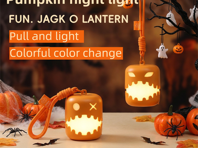 3PCS Dual-Sided Halloween Pumpkin Fun Lantern - Rechargeable Pull Cord LED Night Light with 7-Color Flash and Warm White Modes