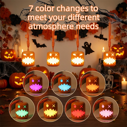 3PCS Dual-Sided Halloween Pumpkin Fun Lantern - Rechargeable Pull Cord LED Night Light with 7-Color Flash and Warm White Modes