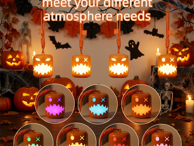 3PCS Dual-Sided Halloween Pumpkin Fun Lantern - Rechargeable Pull Cord LED Night Light with 7-Color Flash and Warm White Modes