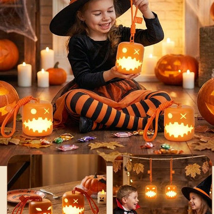 3PCS Dual-Sided Halloween Pumpkin Fun Lantern - Rechargeable Pull Cord LED Night Light with 7-Color Flash and Warm White Modes