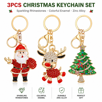 3 PCS Rhinestone Christmas Keychain Set - Zinc AlloyEnamel Santa Claus, Cute Reindeer and Christmas Tree Bag Charm Key Ring Pendant Accessories for Christmas Gifts & DIY Deco
