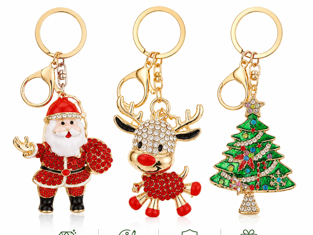 Rhinestone Christmas Keychains ‚Äì 3-Piece Zinc Alloy Set, Santa, Reindeer & Tree