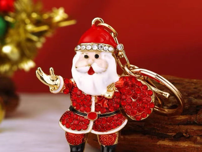 Rhinestone Christmas Keychains ‚Äì 3-Piece Zinc Alloy Set, Santa, Reindeer & Tree