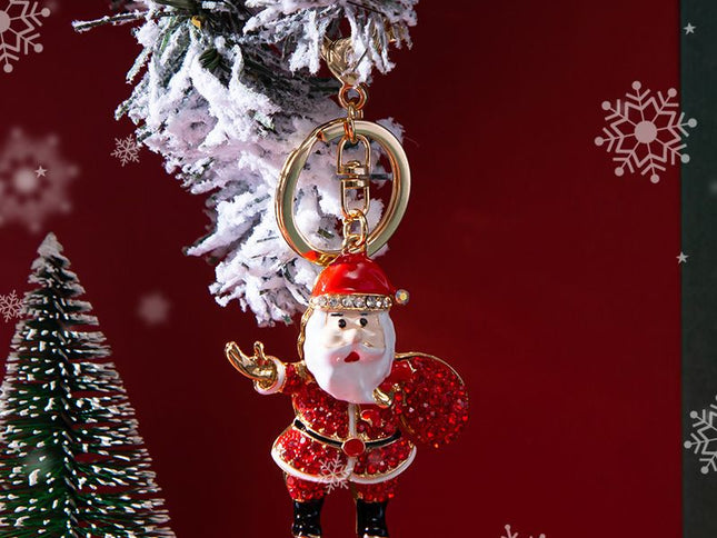 5PCS Rhinestone Enamel Christmas Santa Claus Keychain - Zinc Alloy Bag Charm Pendant Accessories for Christmas Gifts & DIY Deco