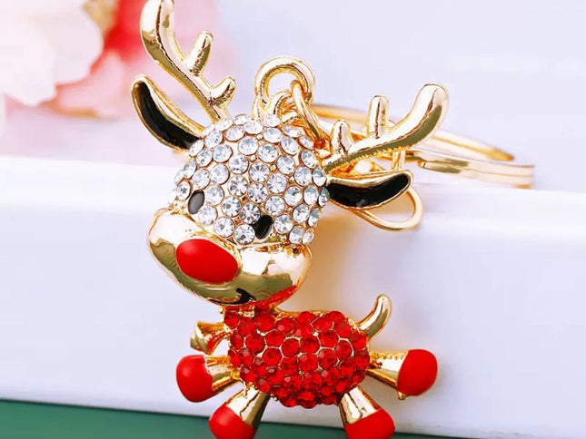 2PCS Rhinestone Enamel Christmas Reindeer Keychain - Zinc Alloy Cute Bag Charm Pendant Accessories for Christmas Gifts & DIY Deco