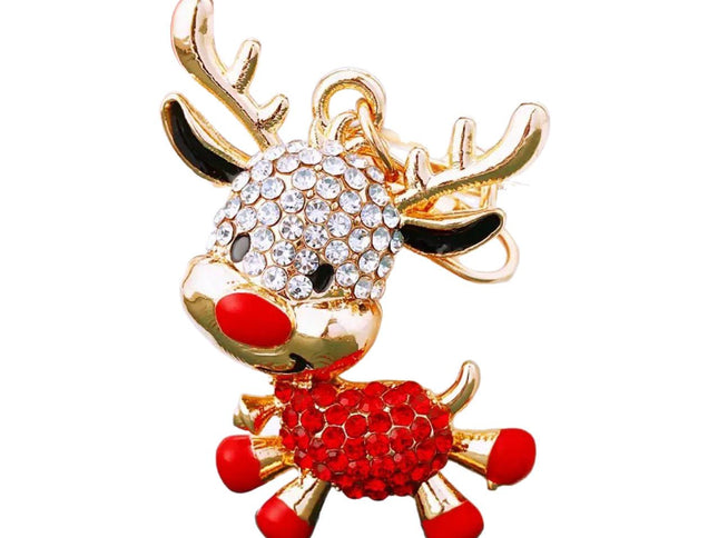 2PCS Rhinestone Enamel Christmas Reindeer Keychain - Zinc Alloy Cute Bag Charm Pendant Accessories for Christmas Gifts & DIY Deco