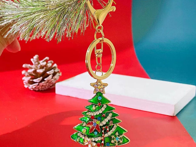 2PCS Rhinestone Enamel Christmas Tree Keychain - Durable Zinc Alloy Bag Charm Pendant Accessories for Christmas Gifts & DIY Deco
